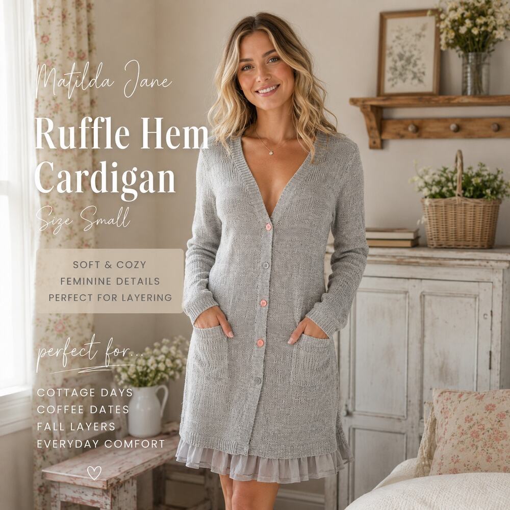 Matilda Jane Knit Cardigan Sweater Small Gray Button Up Ruffle Hem Cottagecore